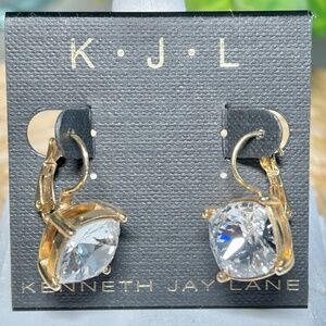Kenneth Jay Lane, Square Crystal Gold Plate Lever Back Drop Earrings